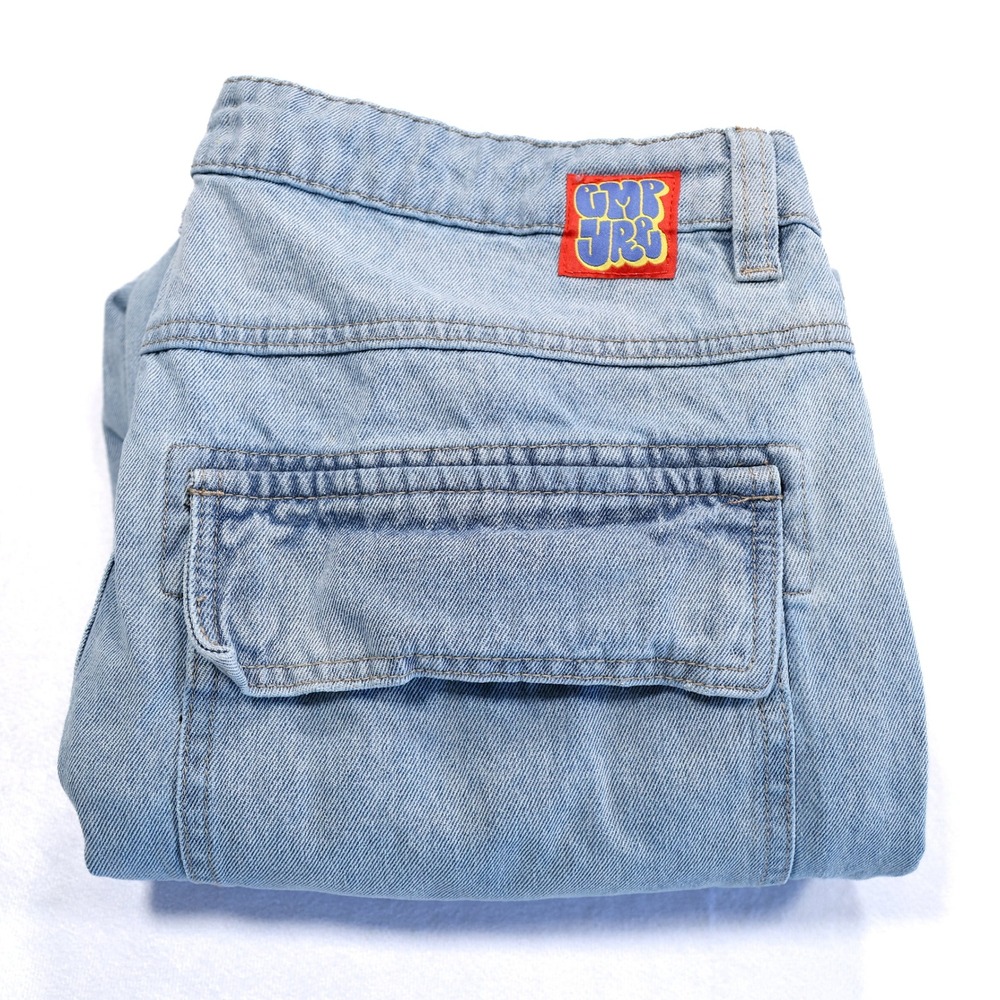 EMPYRE Mens Size 32 Blue Light Wash Embroidered Y2K Denim Streetwear Cargo Jeans